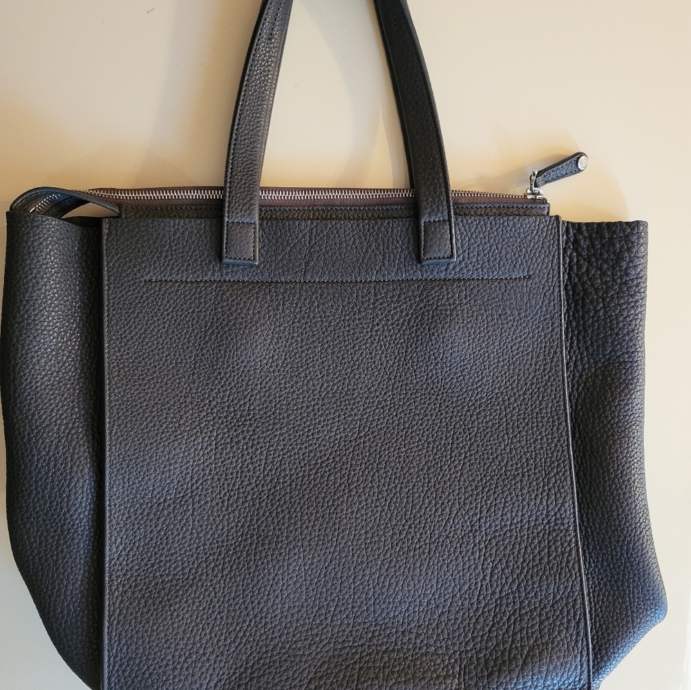 Black Textured Leather Tote Bag, 13" - 15", Depending On Open Or Closure.